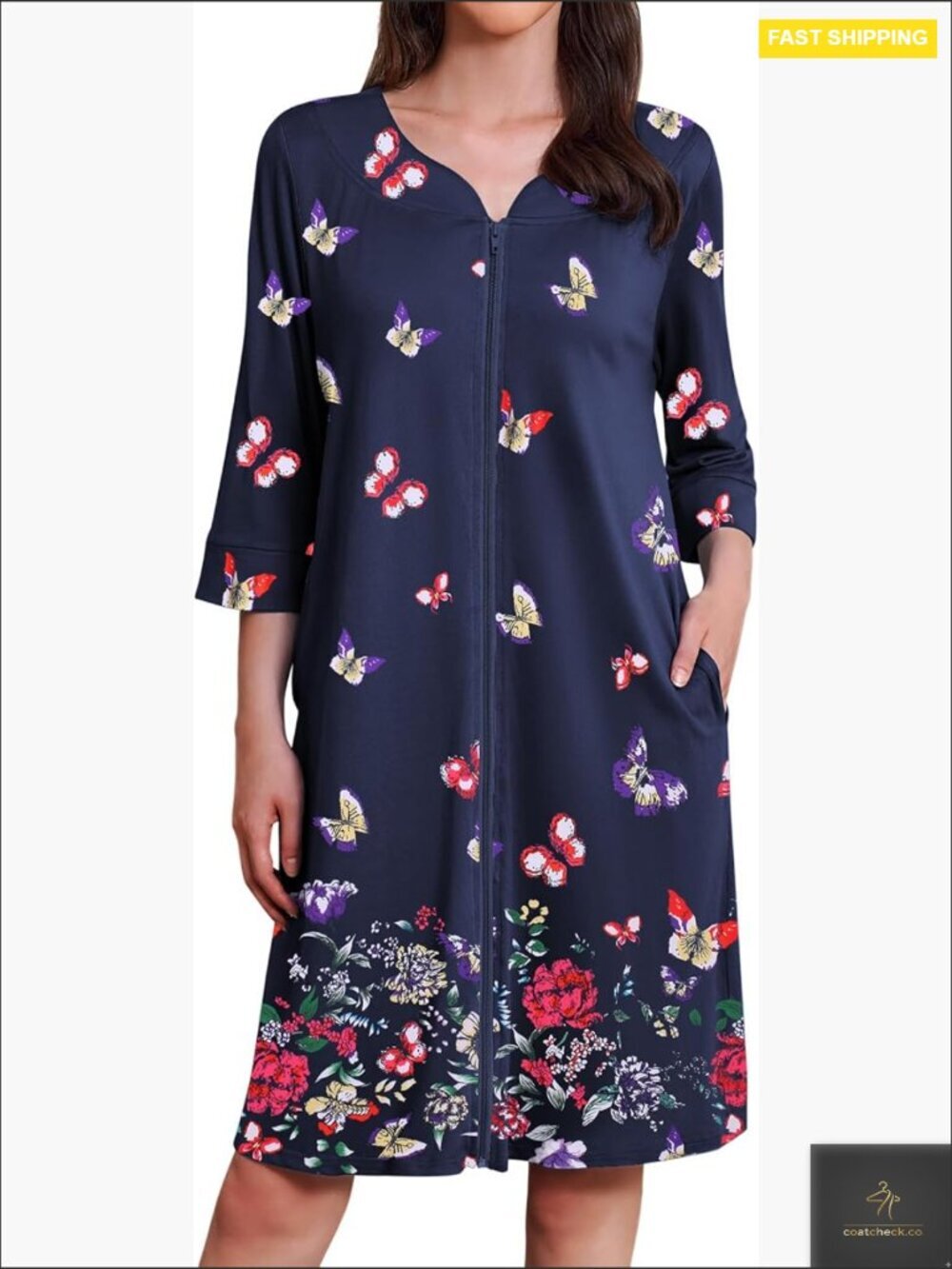 Soft Zip Front Robe 3/4 Sleeves Knee Length Pockets Lounge Sleepwear Chic